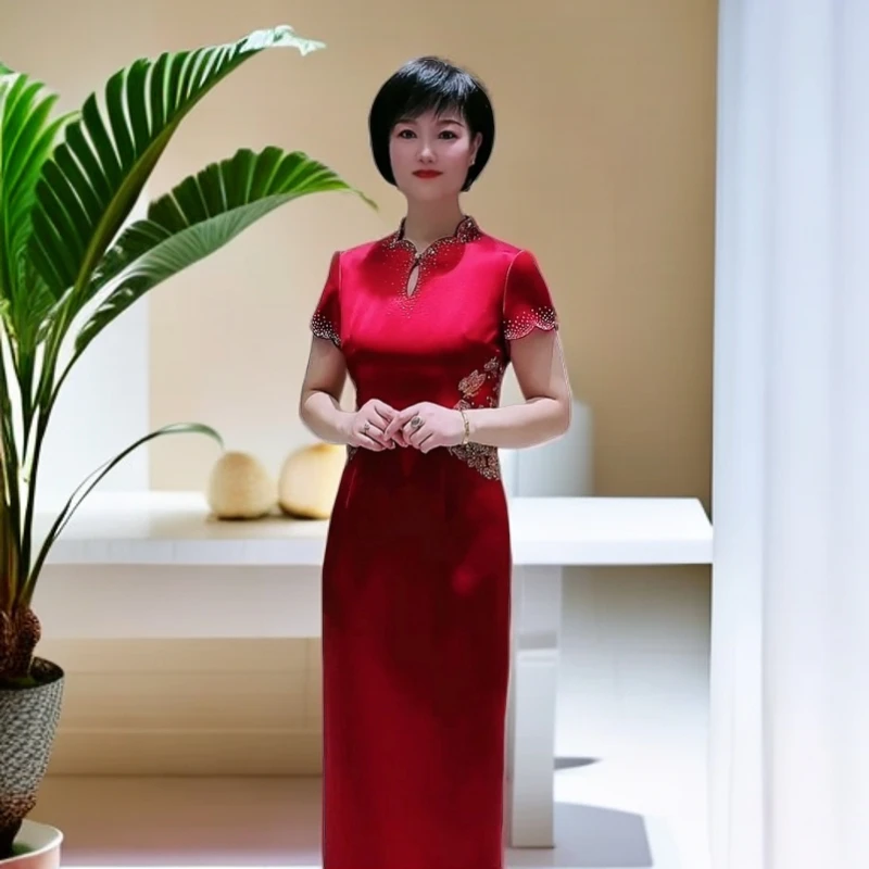 170272慕天姿亮酒红色三醋酸面料喜婆婆喜妈妈婚宴改良旗袍礼服裙