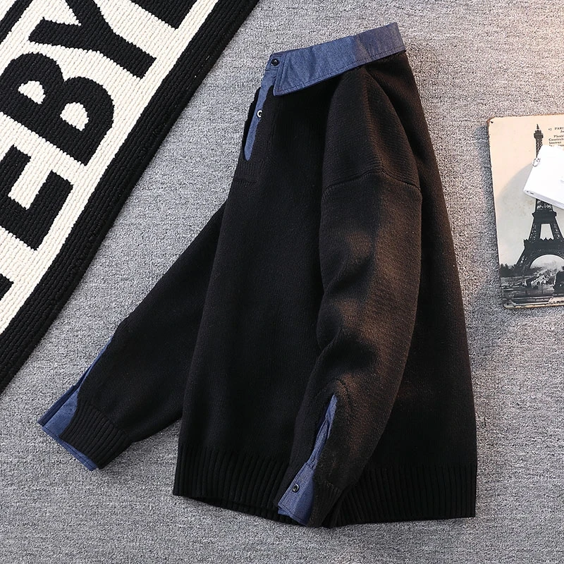 秋冬季新款韩版潮流假两件长袖保暖针织衫毛衣男生潮牌毛衣打底潮