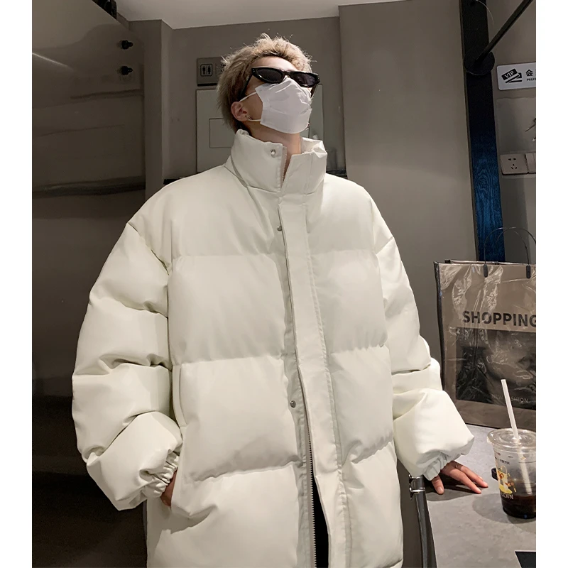 粉色pu皮棉服男冬季加厚设计感小众棉衣外套痞帅宽松面包服棉袄子