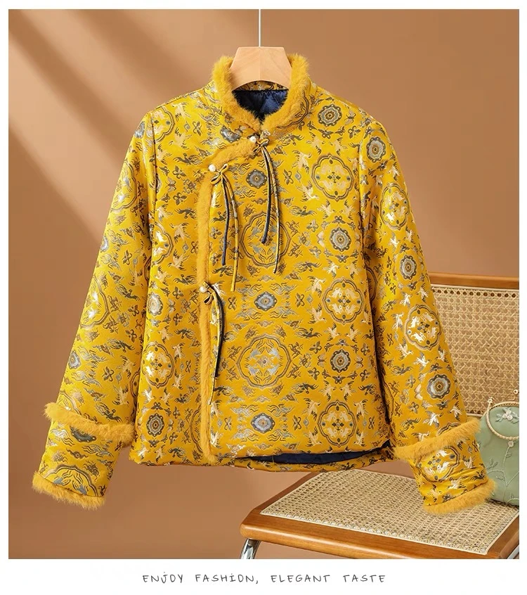 加棉加厚秋冬新款过年新中式立领提花上衣复古气质外套加绒中国风