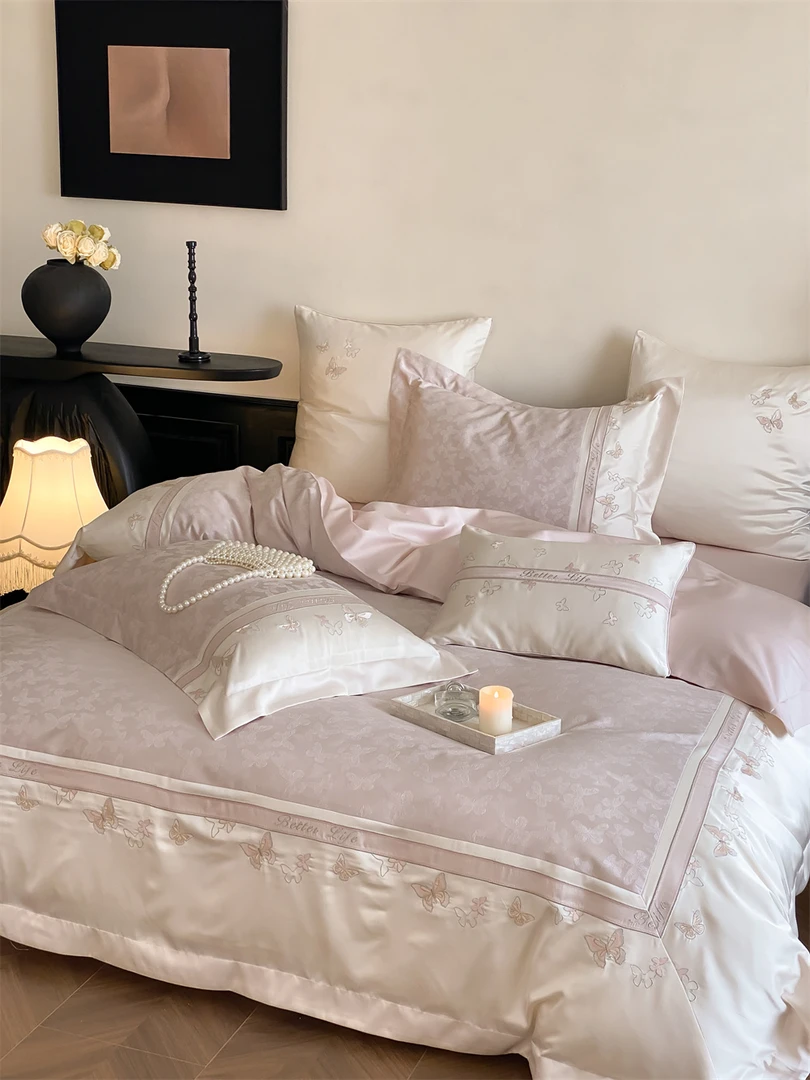 YJJ 6484 秋冬新款高支澳棉绣花四件套 蝶黛-粉金