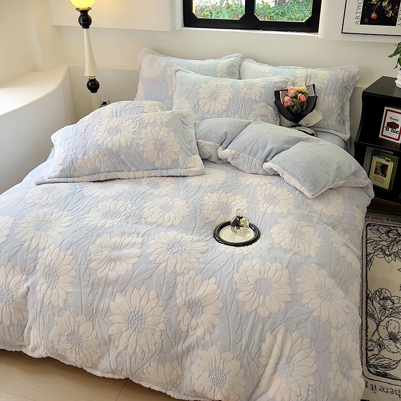 HC 6927 新款高克重仿兔毛超奢3D立体浮雕四件套 秘密花园-蓝