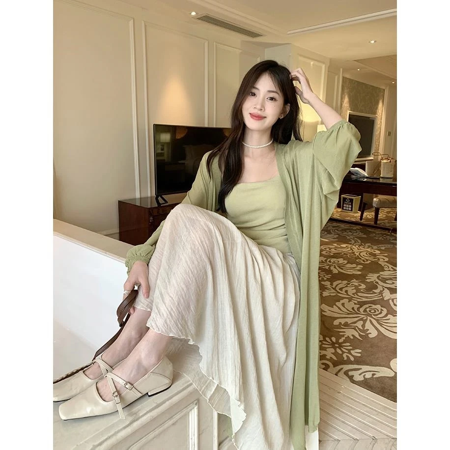 长袖款防晒开衫抽褶吊带背心仙女半身长裙春季2025新款时尚三件套