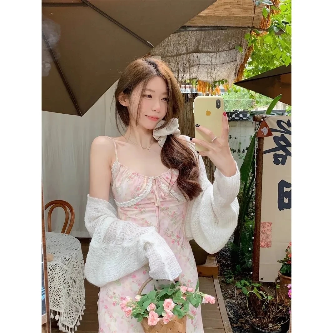 法式套装杏色针织开衫短外套女春夏季碎花吊带连衣裙温柔风两件套