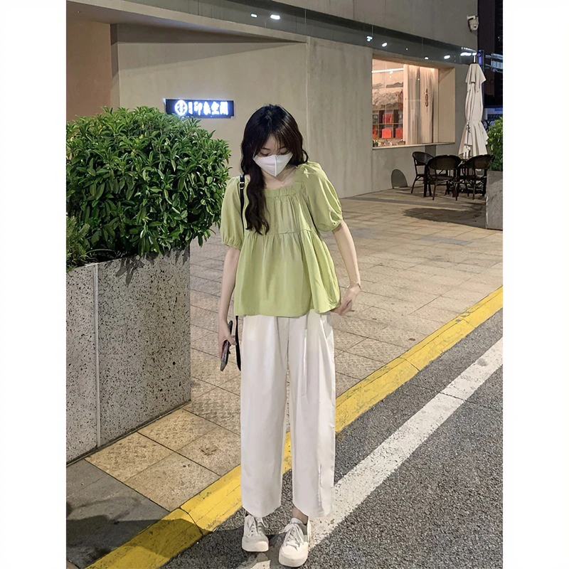 设计感褶皱纯色短袖套装夏季新款可爱风绿色洋气泡泡袖方领上衣女