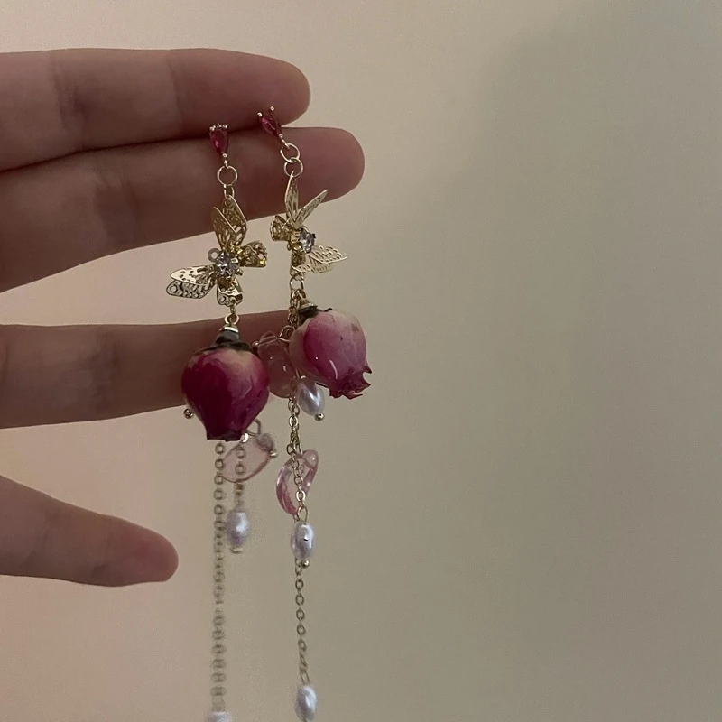 铜合金耳饰 甜美蝴蝶玫瑰流苏耳环气质小众设计感高级轻奢风个性