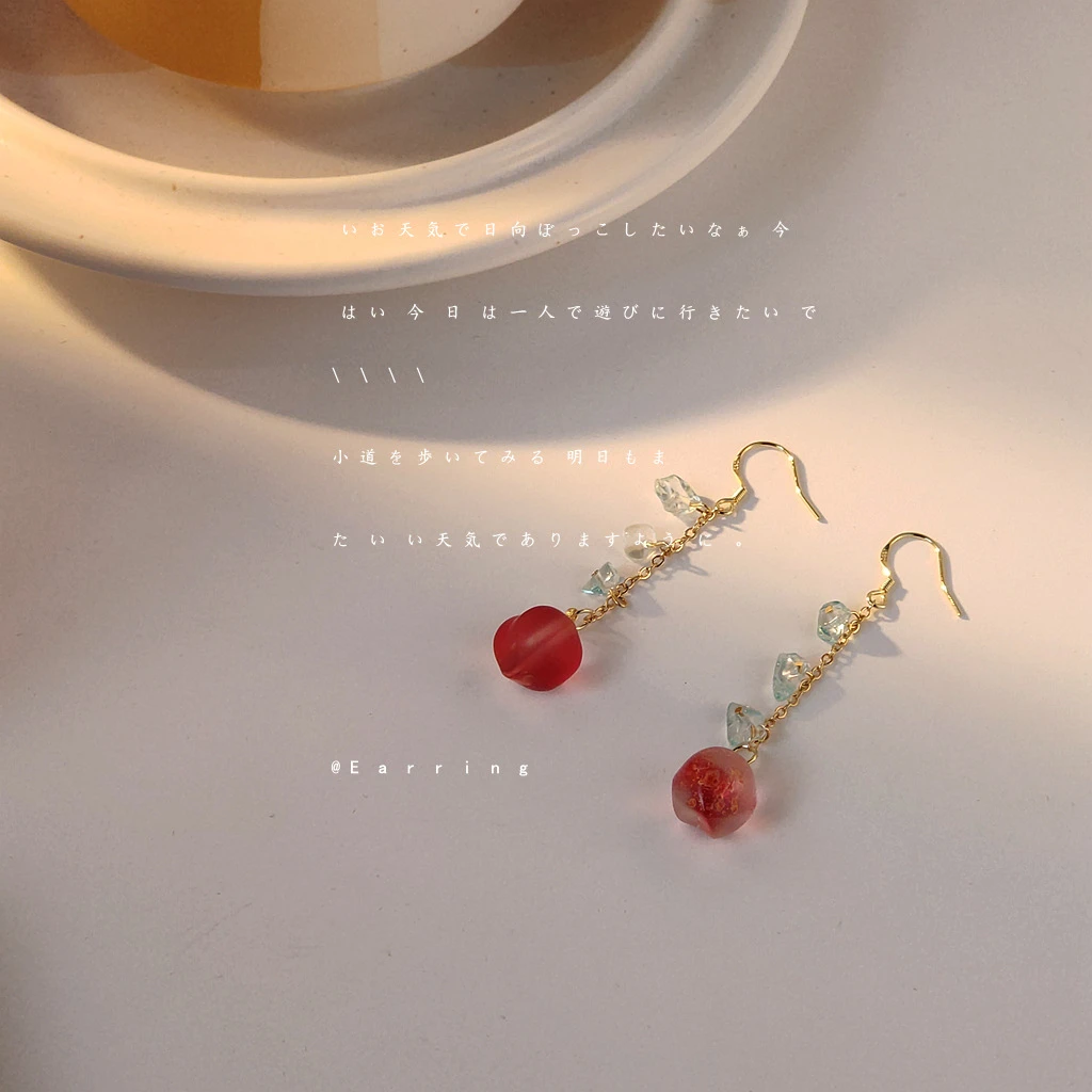 铜合金玻璃耳饰 甜美水蜜桃手作可爱晕染长款水果流苏耳环