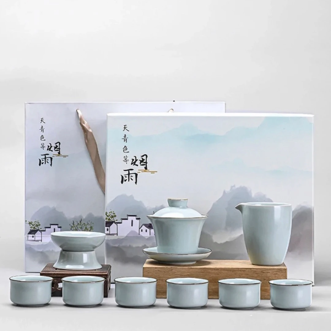 新款天青柏采汝窑家用功夫茶具套装开片可养盖碗手工茶杯创意礼品