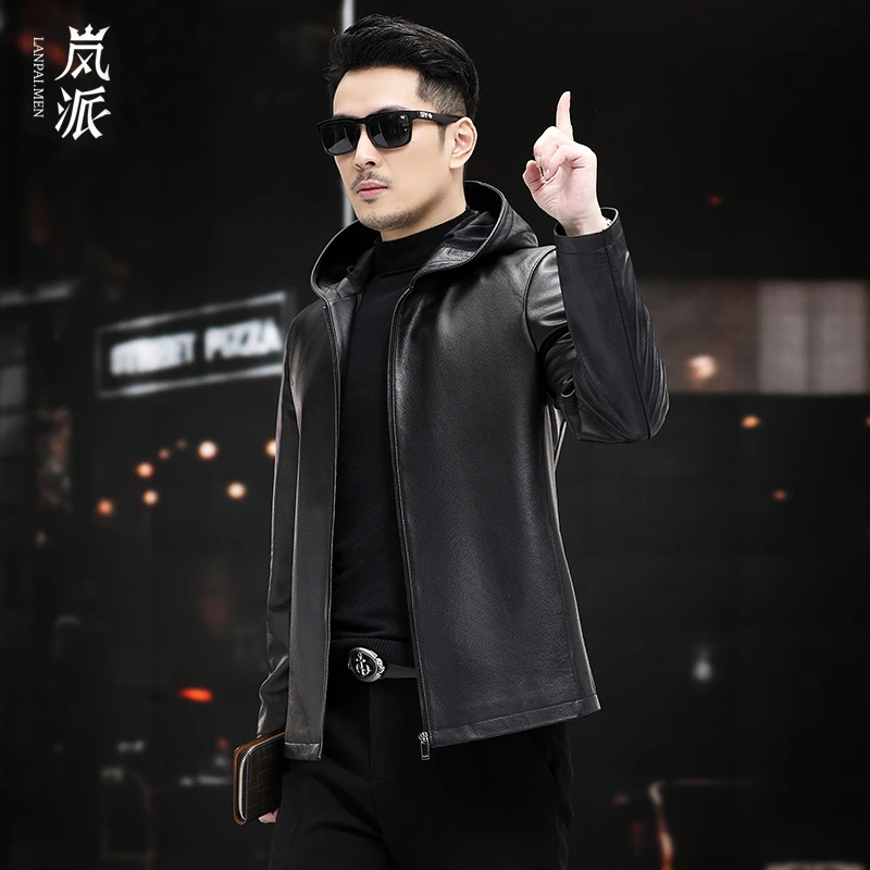 男士时尚帅气连帽款海宁头层牛皮皮衣春秋休闲高档真皮皮夹克外套