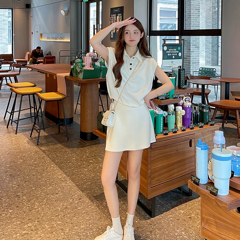 【轻氧旋律】韩系抽绳polo领无袖上衣+高腰裙裤 2406Z02 GAGAZHANG