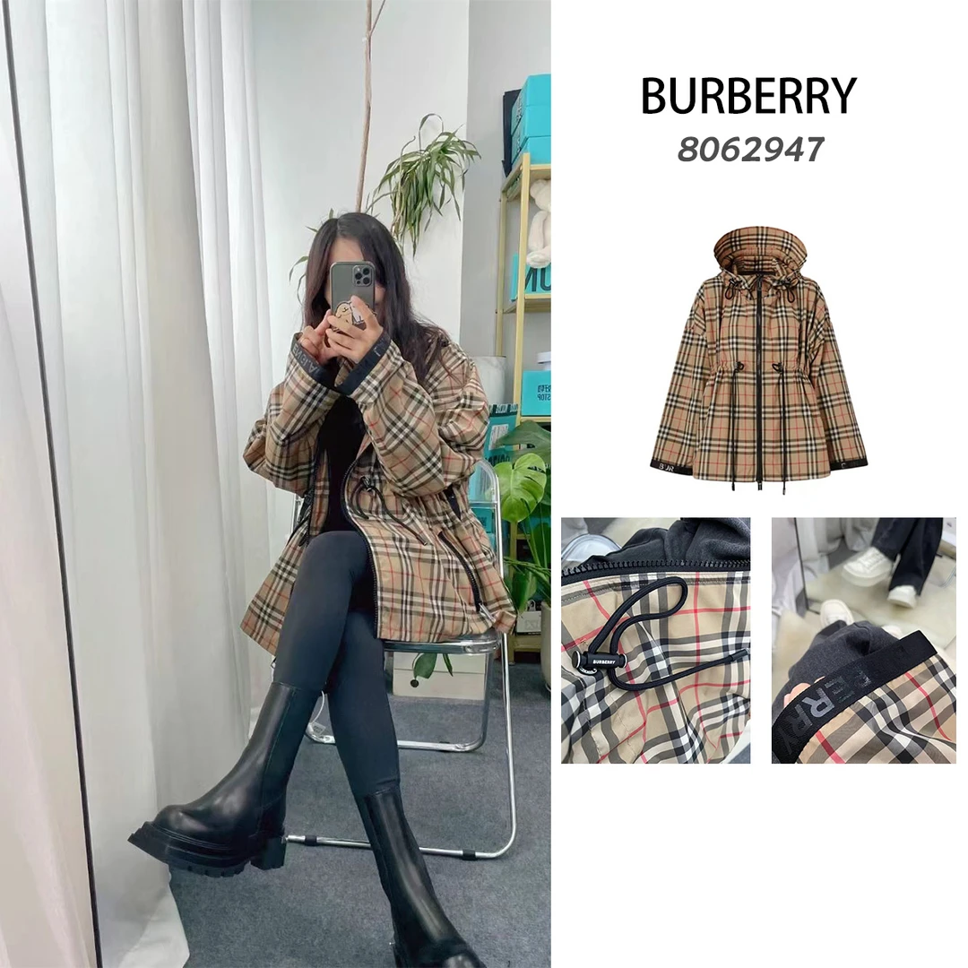 全新未使用 BURBERRY/博柏利 格纹连帽抽绳修身夹克外套8062947