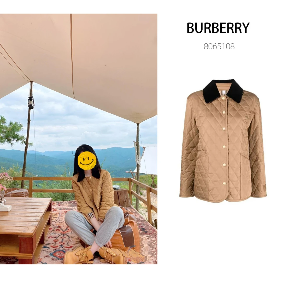 未使用 BURBERRY/博柏利 菱形灯芯绒绗缝灯芯绒领黄金甲棉服驼色