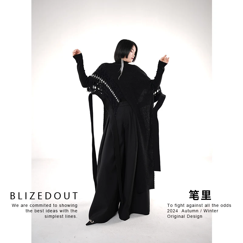笔里【BLIZEDOUT】独立设计4110201黑色羊毛不对称设计师款上衣毛衣