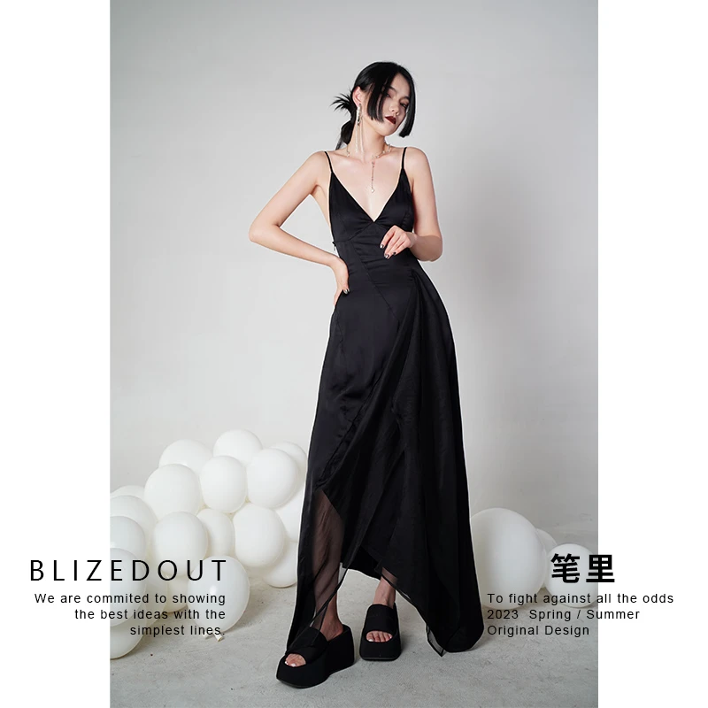 笔里【BLIZEDOUT】独立设计师3060704黑色气质夏季法式吊带连衣裙