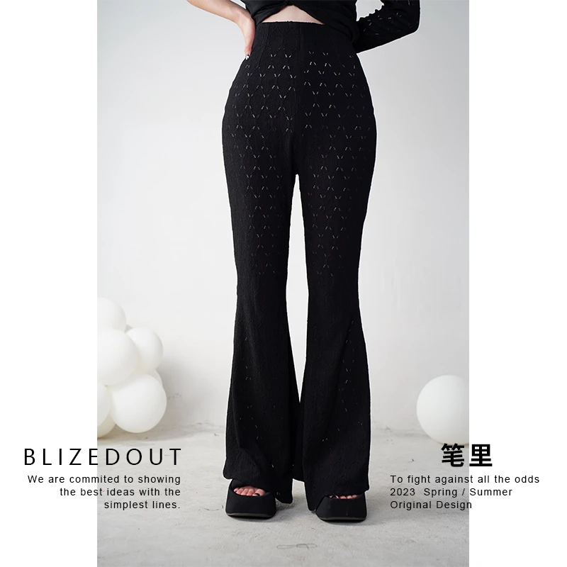 笔里【BLIZEDOUT】独立设计3070504黑色外穿镂空高腰微喇长裤喇叭裤