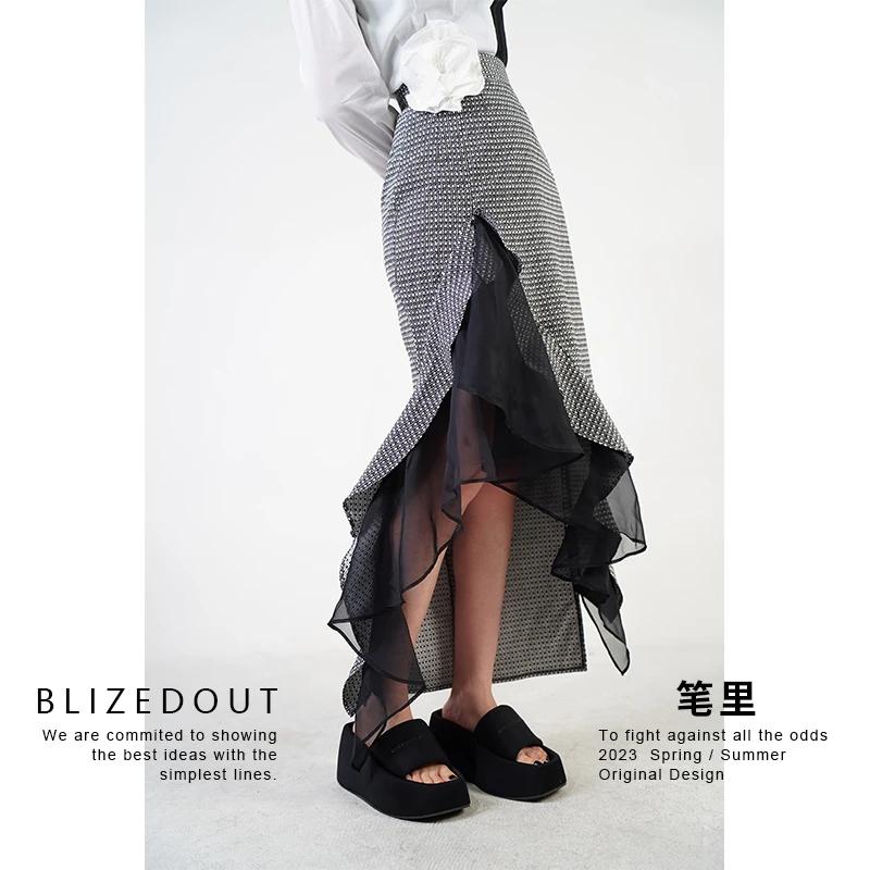 笔里【BLIZEDOUT】小众设计3042904格子拼接纱裙不规则高腰半身裙