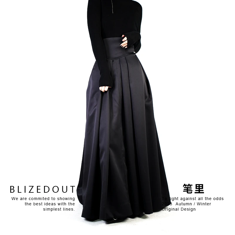 笔里【BLIZEDOUT】独立设计121001 黑色摩登高腰廓形折叠半身裙