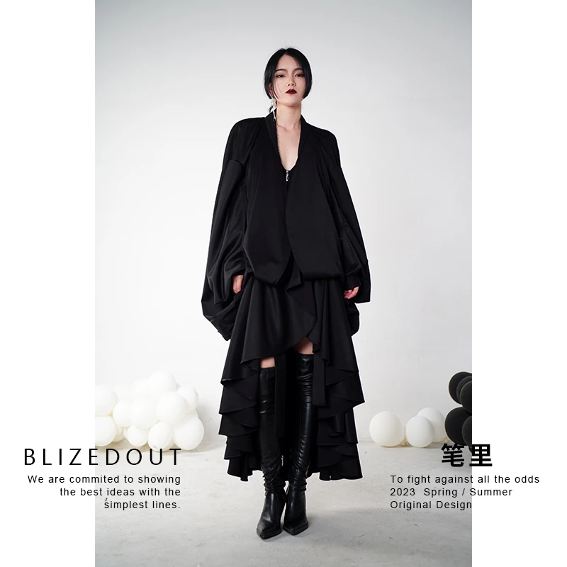 笔里【BLIZEDOUT】独立设计师3082604黑色廓形小众可调节长短外套