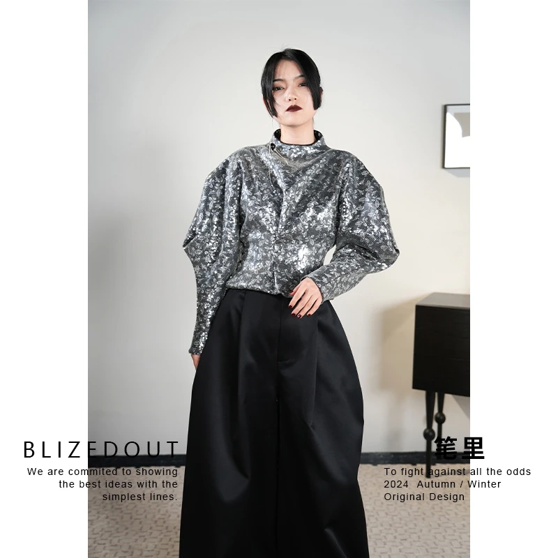 笔里【BLIZEDOUT】独立设计4021601亮片银色小众长袖宽松套头衫上衣