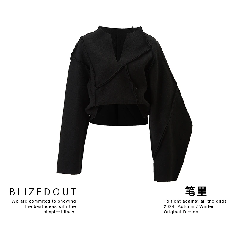 笔里【BLIZEDOUT】独立设计4101904黑色不对称袖子收腰显瘦外套上衣