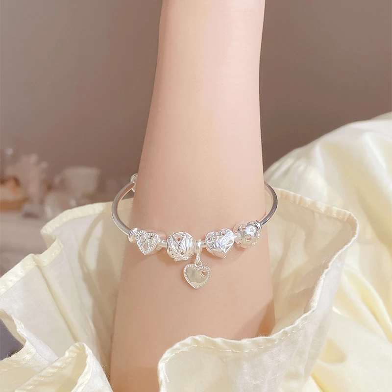 足银手镯 潘家爱心手镯 在逃公主甜嫩蝴蝶结手镯送女友推拉银镯子
