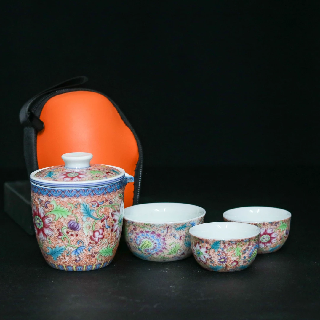 【0531】粉色缠枝莲旅行茶具套装一壶三杯车载露营茶具套装