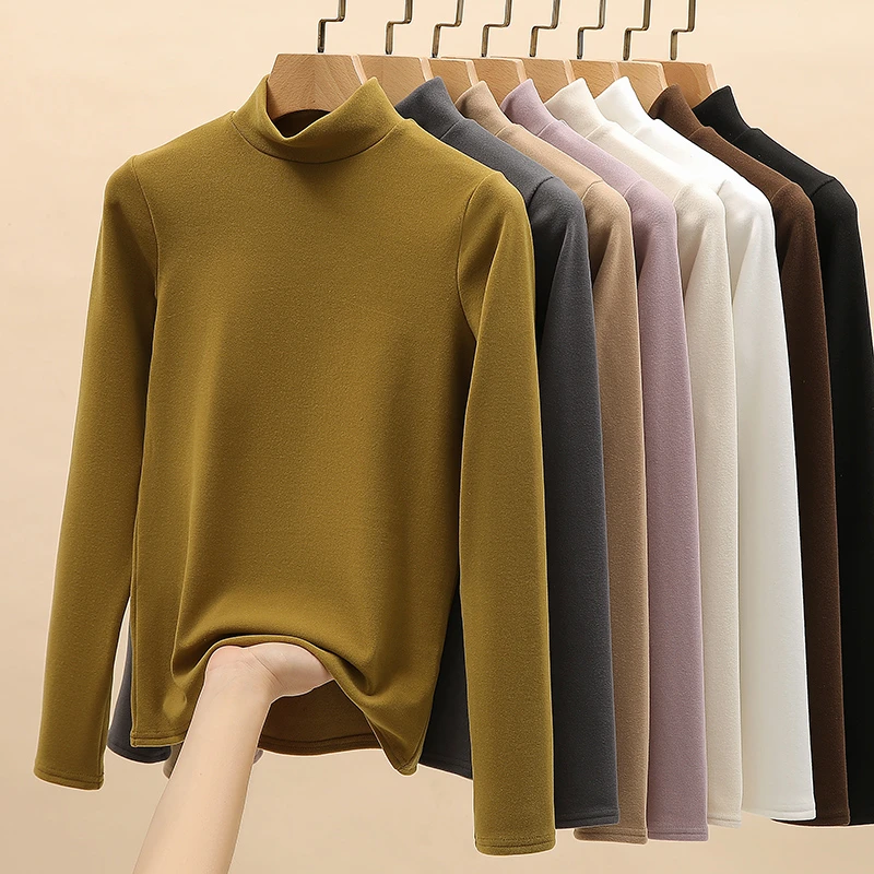 醉梓菡德绒半高领打底衫女内搭新款秋冬加绒加厚中领保暖白色上衣