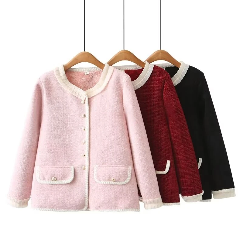 秋冬季复古小香风花边领金属扣上衣加绒加厚镶边气质外套