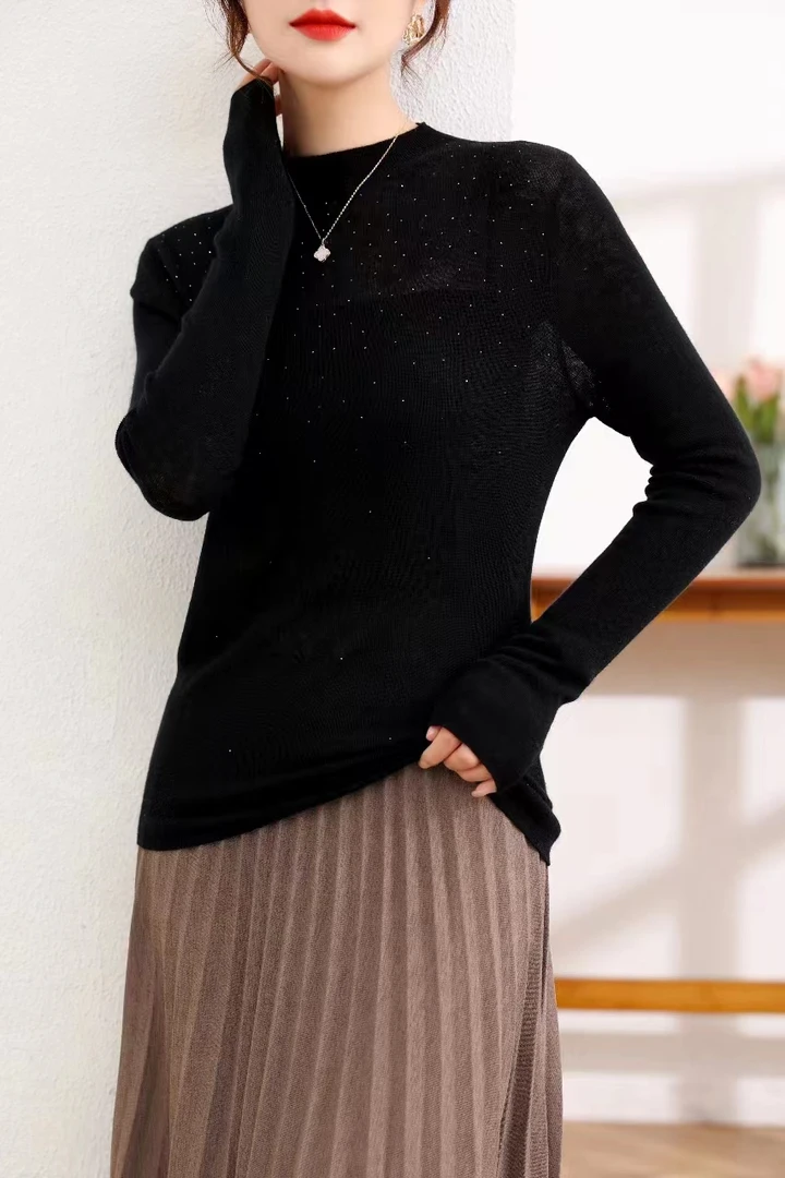 秋冬女士纯色半高领修身针织百搭长袖全毛水溶羊毛衫