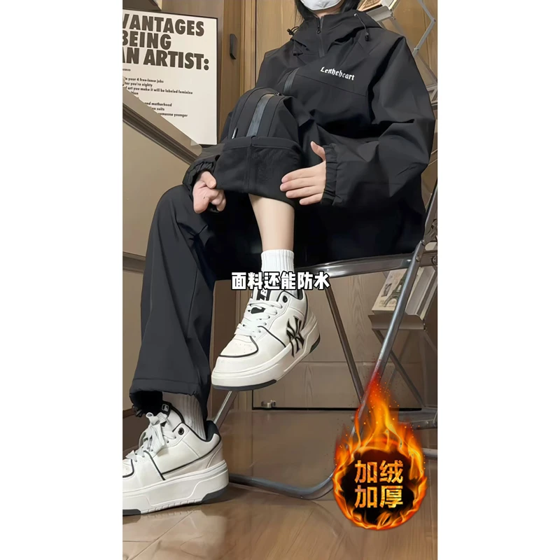 机能拉链男女冲锋裤秋冬防风防水工装休闲运动外穿裤子宽松黑色