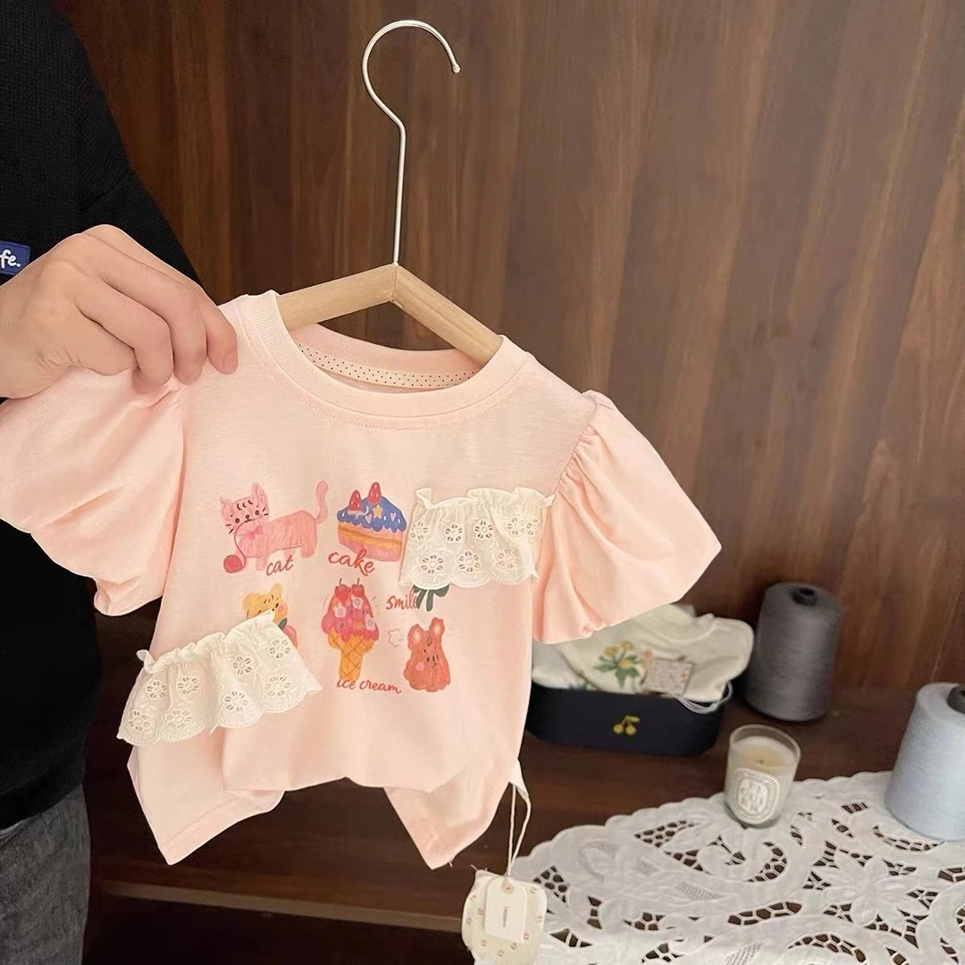 女宝宝甜美蕾丝印花棉质T恤女婴儿夏装2025新款女童泡泡短袖上衣