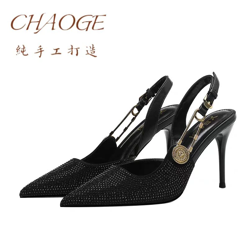2025秋季新款尖头细跟法式气质水钻高跟鞋女黑色金属一字高跟单鞋