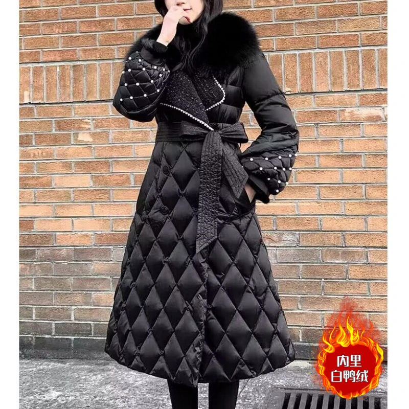 编码53狐狸毛毛领双排扣系带羽绒服2024冬装中长款收腰显瘦PH2306