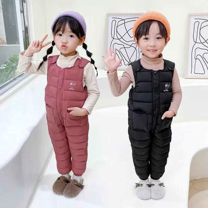 冬季大促婴幼儿童羽绒背带裤男女童装冬季加厚保暖外穿宝宝开裆yy