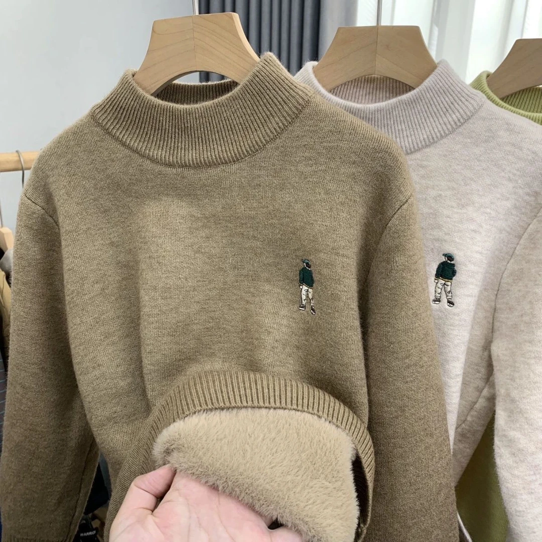 冬季男童一体绒毛衣儿童韩版加绒套头针织衫加厚中大童半高领
