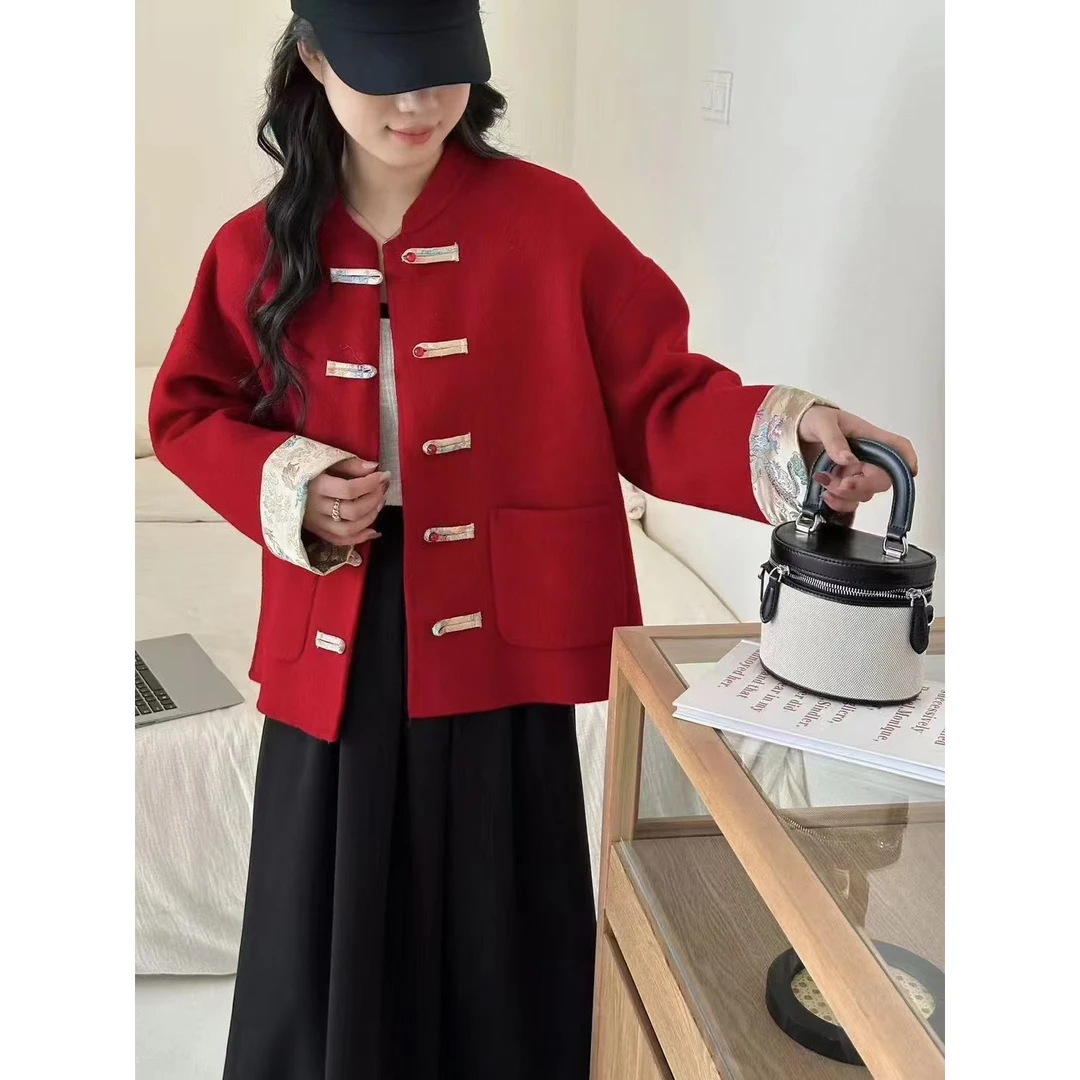 中国风珍珠扣双面羊毛大衣女2024新款新中式唐装汉服短款毛呢外套