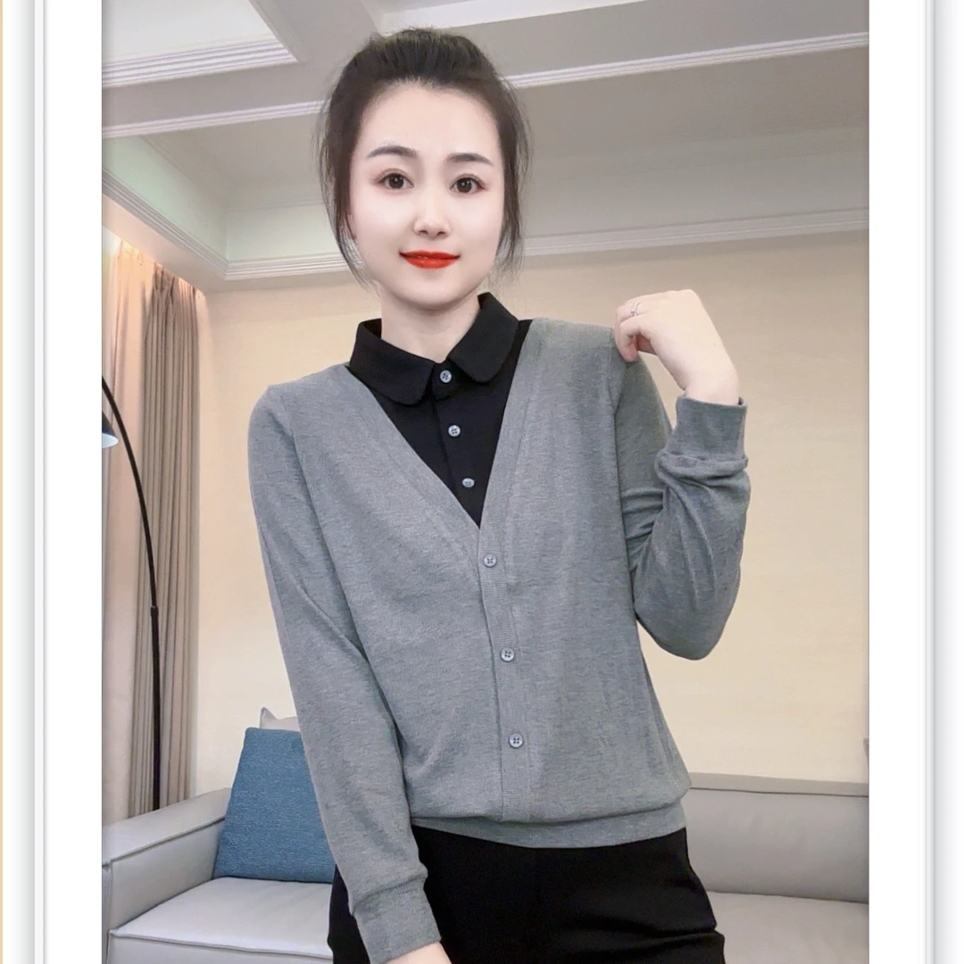 秋季新款拼接假两件圆角衬衫领118款