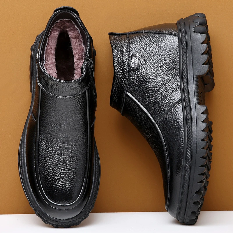 男士棉鞋牛皮加绒加厚保暖防滑休闲中老年爸爸皮棉鞋冬天软毛靴子