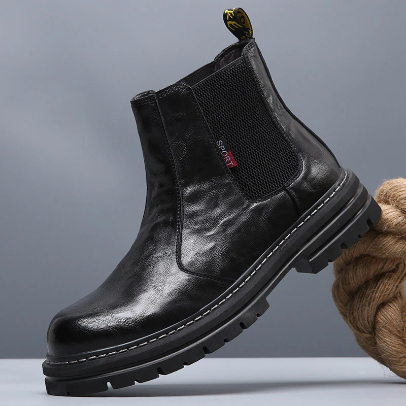 马丁靴男真皮冬季加绒保暖工装靴手抓纹英伦风复古厚底切尔西男靴