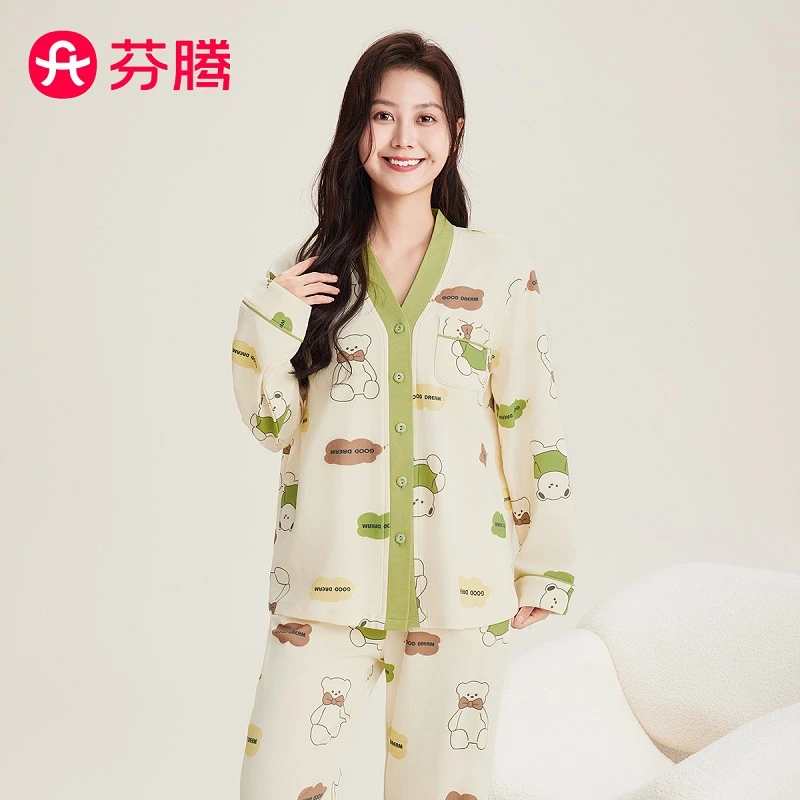 芬腾100%棉早秋V领开衫小熊印花家居服女士长袖套装睡衣纯棉