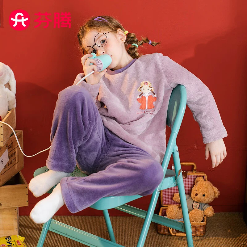芬腾 儿童睡衣珊瑚绒套头秋冬季新款可爱卡通印花童装家居服套装