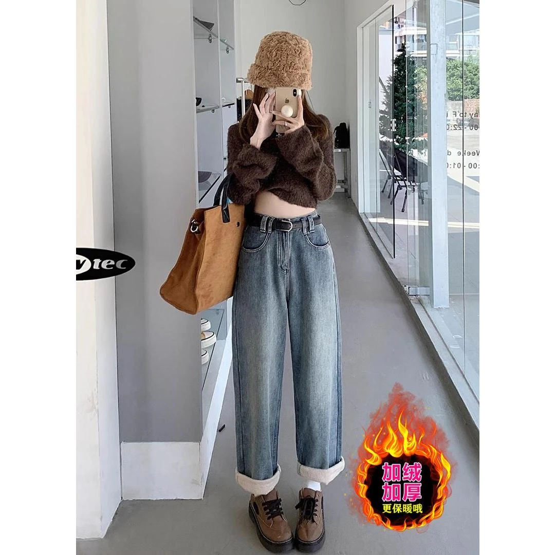 加绒加厚牛仔裤女冬季新款复古高腰显瘦宽松大码直筒裤