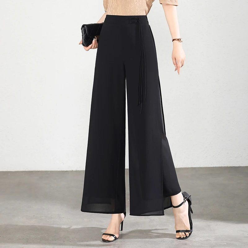 夏日新中式开叉雪纺裤阔腿裤女夏季高腰垂感直筒九分裤休闲裤薄