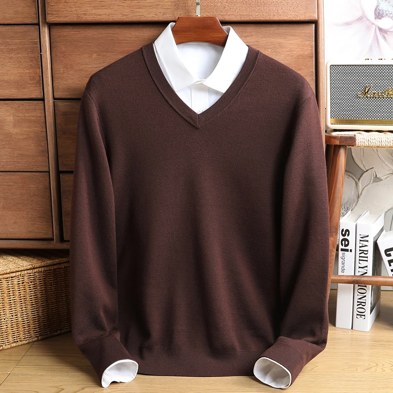 【100%纯羊毛】精纺金盾羊毛衫]80支四平加厚V领450g左右男士长袖
