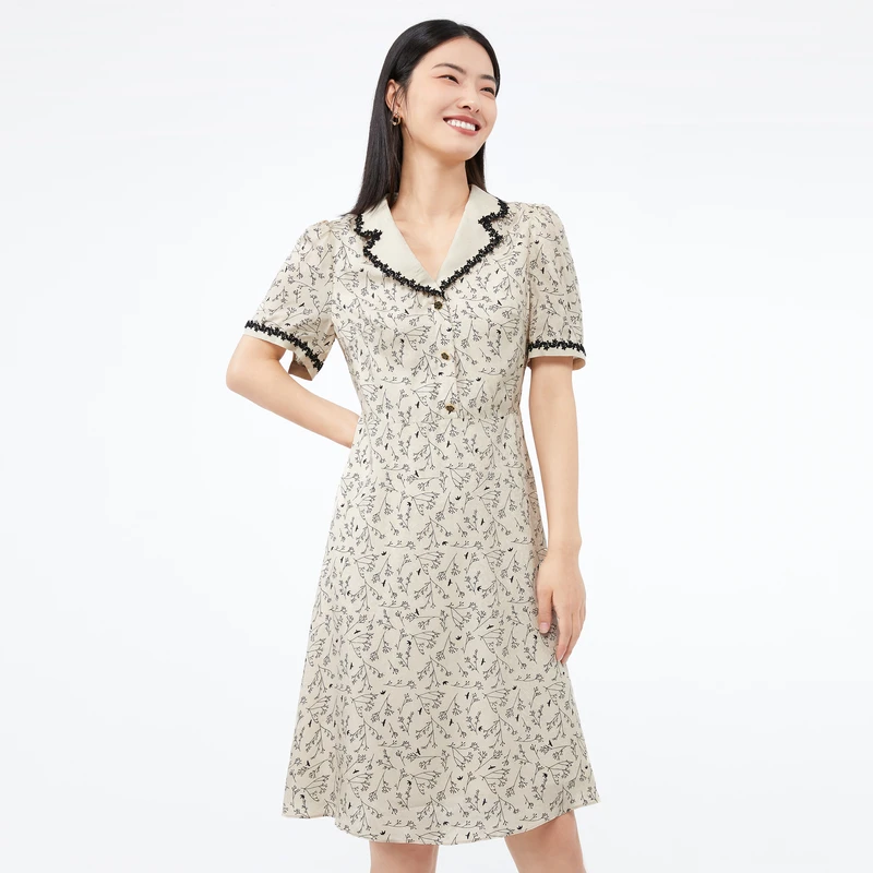 dunnu敦奴玫瑰纽扣枝丫满印雪纺连衣裙女FR150906