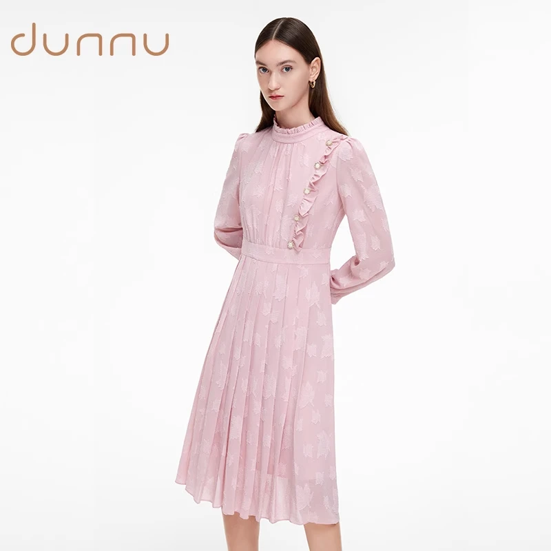dunnu敦奴高腰百褶长袖连衣裙春FQ352110