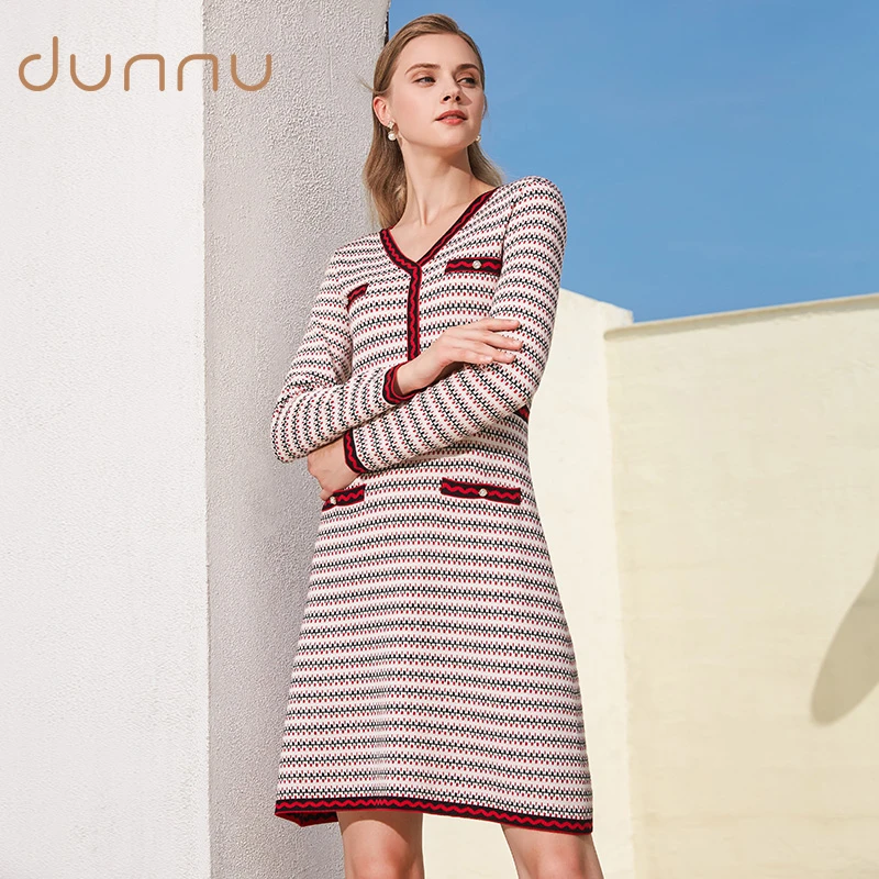 dunnu敦奴中长款针织毛衣裙女长袖时尚条纹气质女裙EN572601