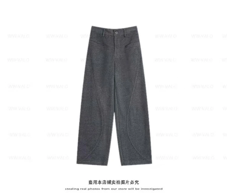 DD定制一字口袋毛呢中高腰宽松休闲弯刀西装阔脚裤KZ04