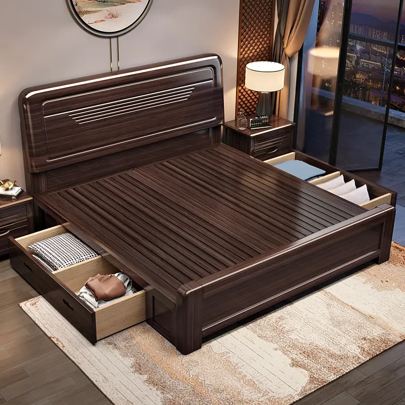 新中式实木床现代简约主卧双人床实木单人床1.8米储物床主卧室