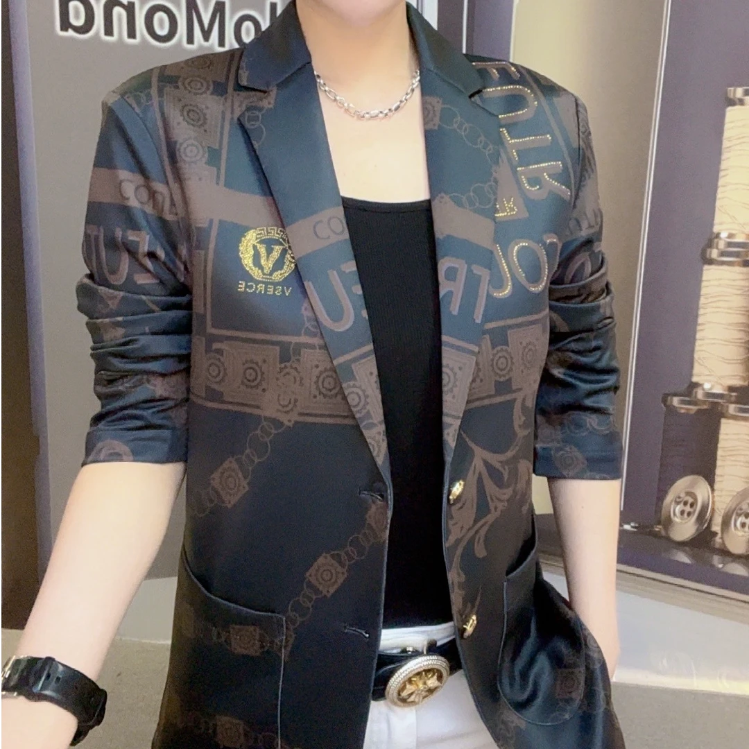 【双蝉男装】新款时尚秋冬季潮流休闲英文字母胸标印花长袖帅气西服